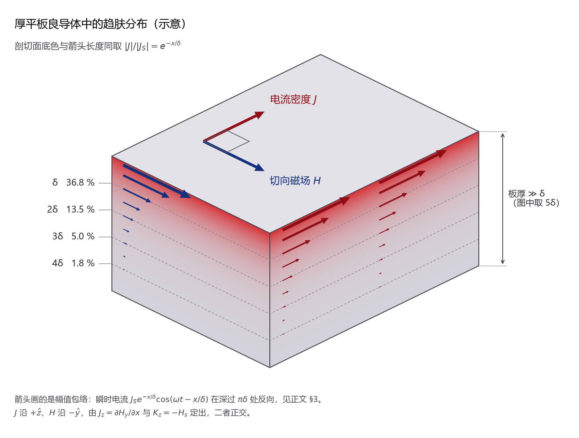 厚平板良导体的剖切示意：电流密度与切向磁场随深度衰减